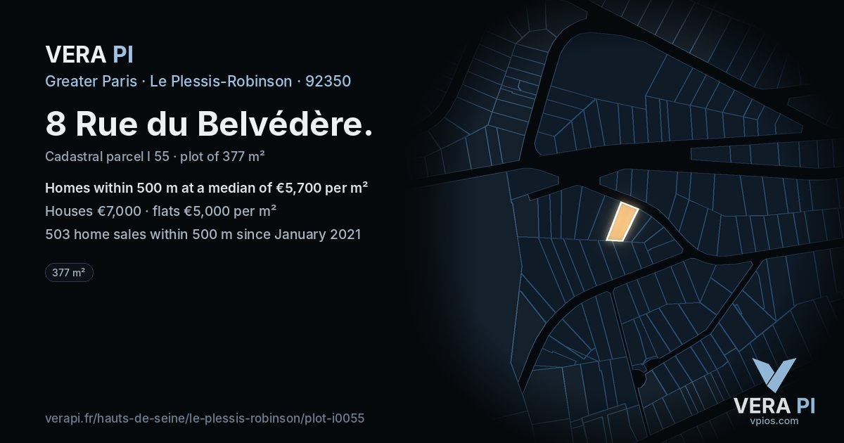 8 Rue du Belvédère, Le Plessis-Robinson at night – the plot lit, the parcels around coloured by the prices near them