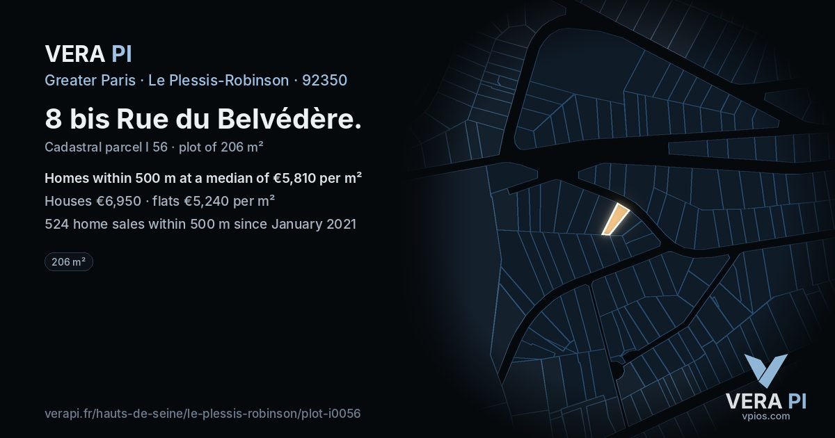 8 bis Rue du Belvédère, Le Plessis-Robinson at night – the plot lit, the parcels around coloured by the prices near them