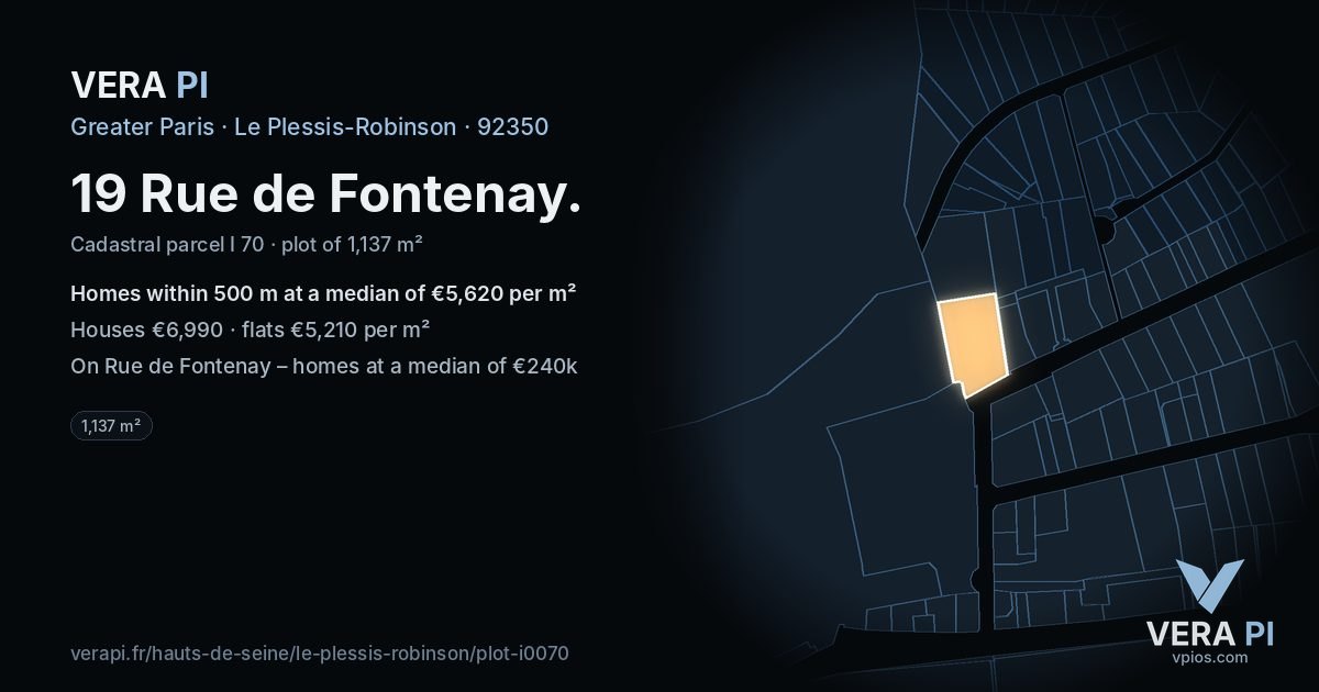 19 Rue de Fontenay, Le Plessis-Robinson at night – the plot lit, the parcels around coloured by the prices near them