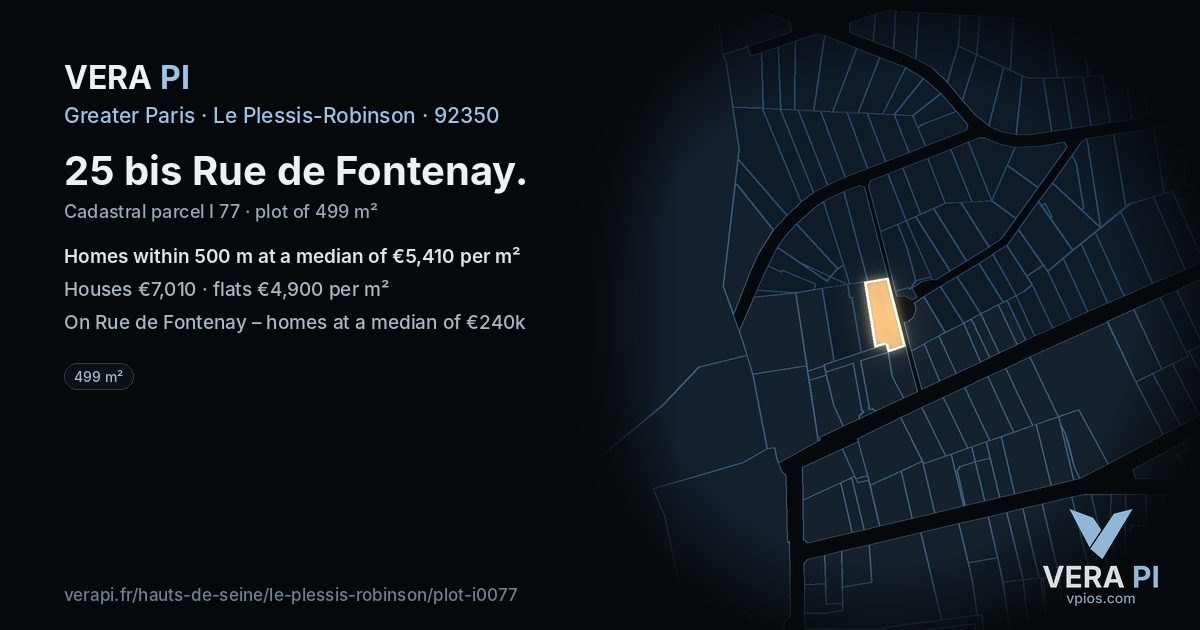 25 bis Rue de Fontenay, Le Plessis-Robinson at night – the plot lit, the parcels around coloured by the prices near them