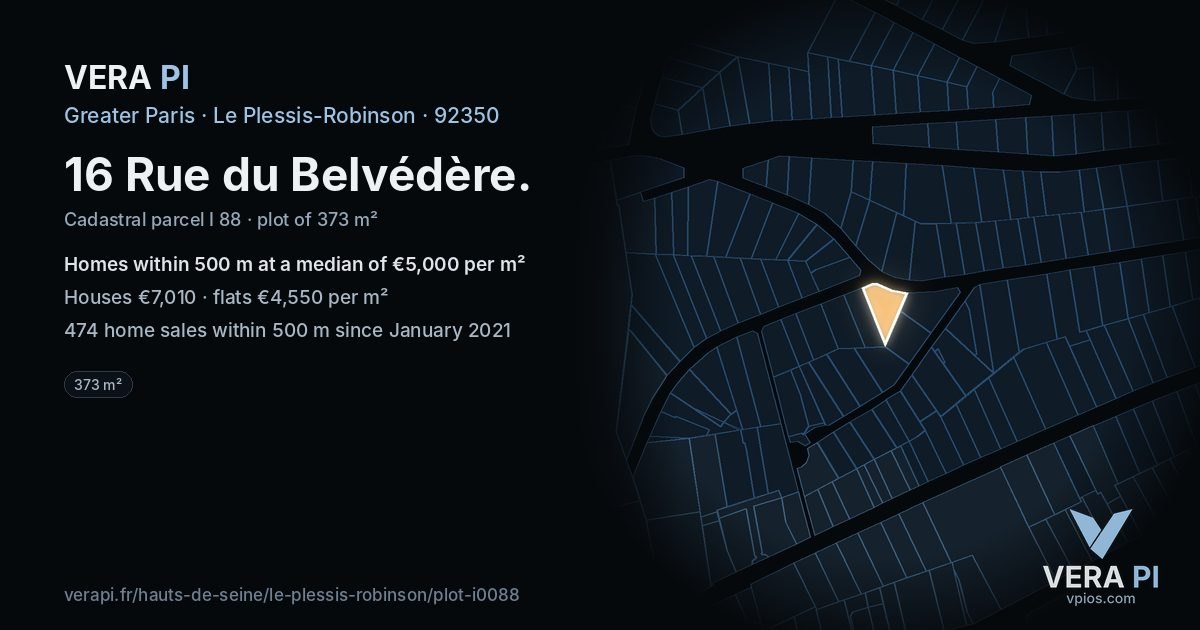 16 Rue du Belvédère, Le Plessis-Robinson at night – the plot lit, the parcels around coloured by the prices near them