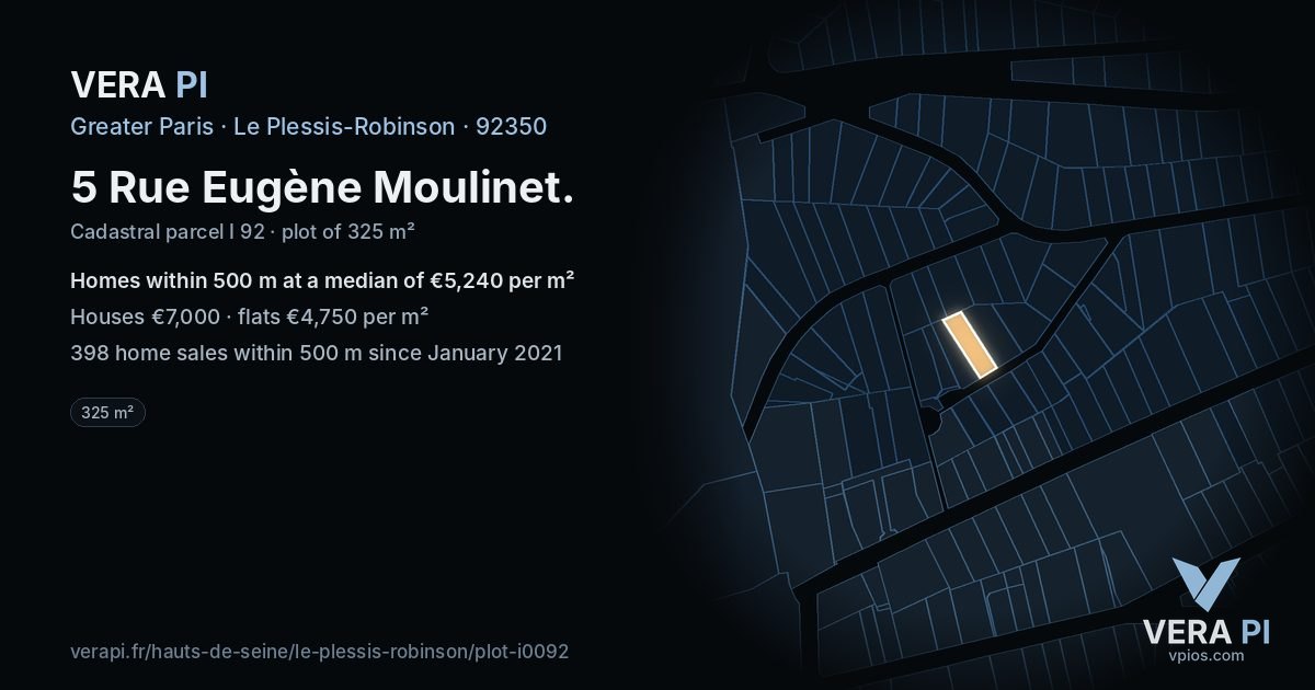 5 Rue Eugène Moulinet, Le Plessis-Robinson at night – the plot lit, the parcels around coloured by the prices near them