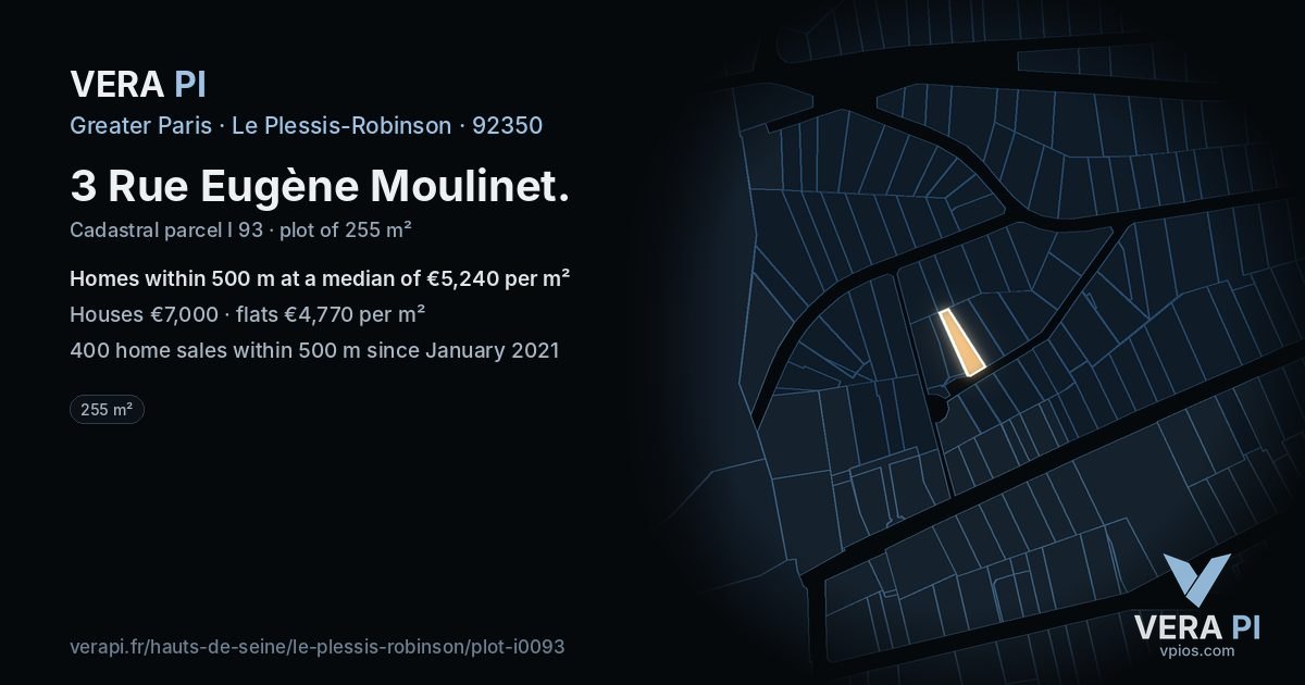 3 Rue Eugène Moulinet, Le Plessis-Robinson at night – the plot lit, the parcels around coloured by the prices near them