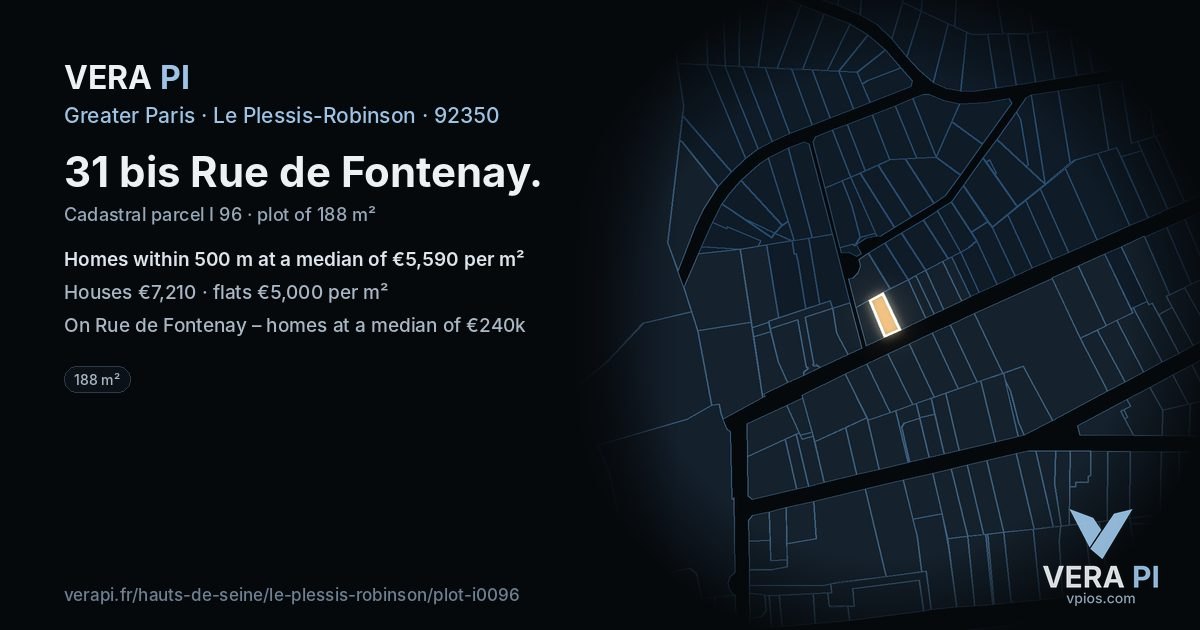 31 bis Rue de Fontenay, Le Plessis-Robinson at night – the plot lit, the parcels around coloured by the prices near them