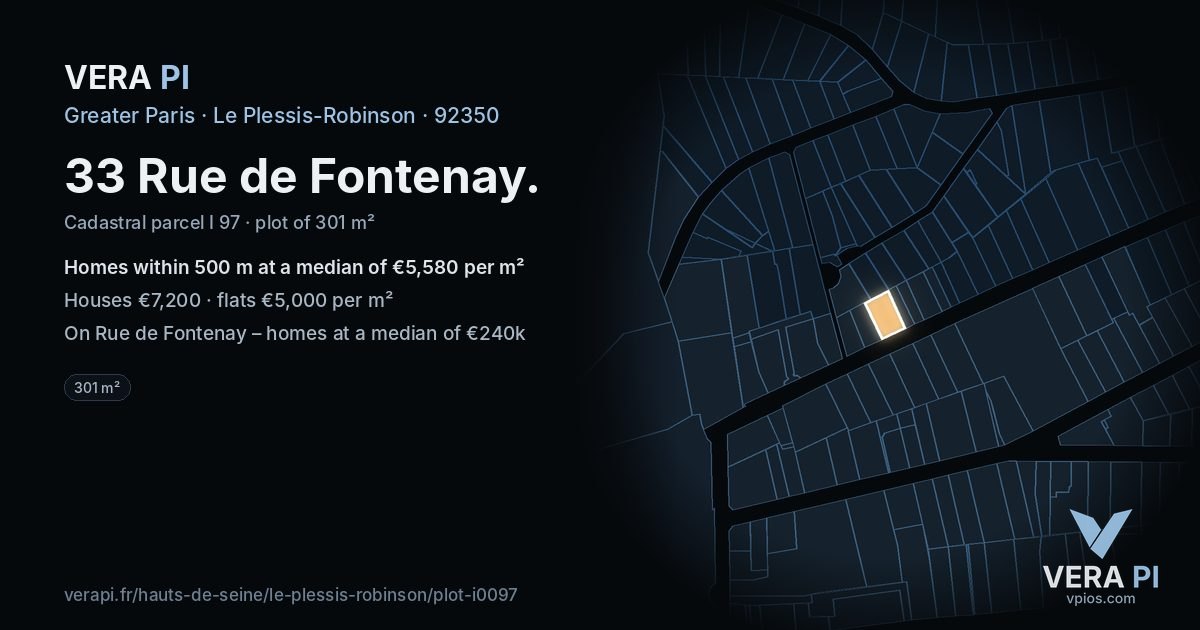 33 Rue de Fontenay, Le Plessis-Robinson at night – the plot lit, the parcels around coloured by the prices near them