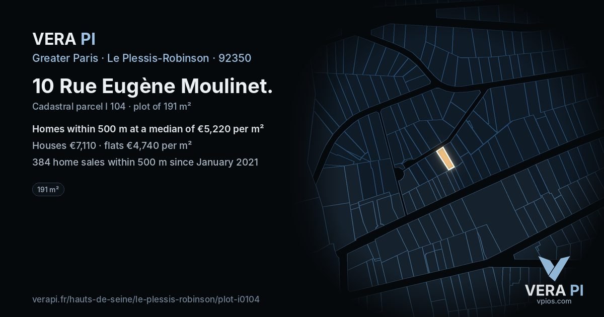 10 Rue Eugène Moulinet, Le Plessis-Robinson at night – the plot lit, the parcels around coloured by the prices near them