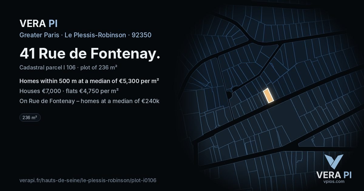 41 Rue de Fontenay, Le Plessis-Robinson at night – the plot lit, the parcels around coloured by the prices near them