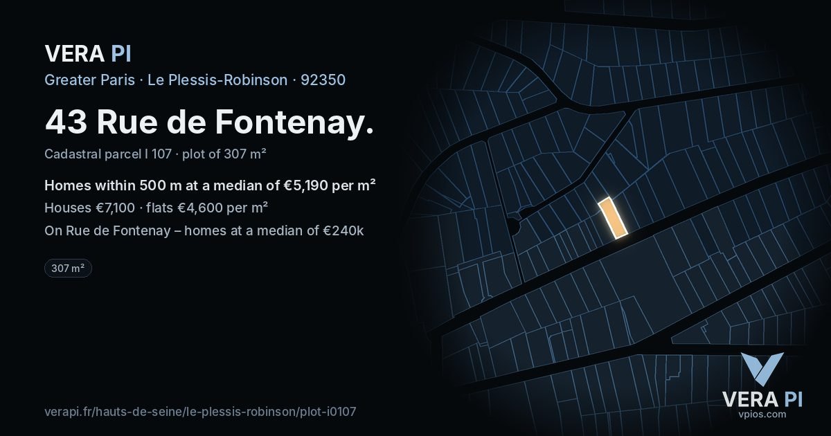 43 Rue de Fontenay, Le Plessis-Robinson at night – the plot lit, the parcels around coloured by the prices near them