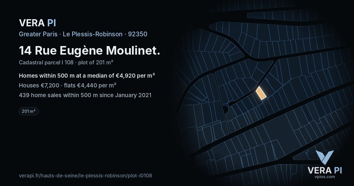 14 Rue Eugène Moulinet, Le Plessis-Robinson at night – the plot lit, the parcels around coloured by the prices near them