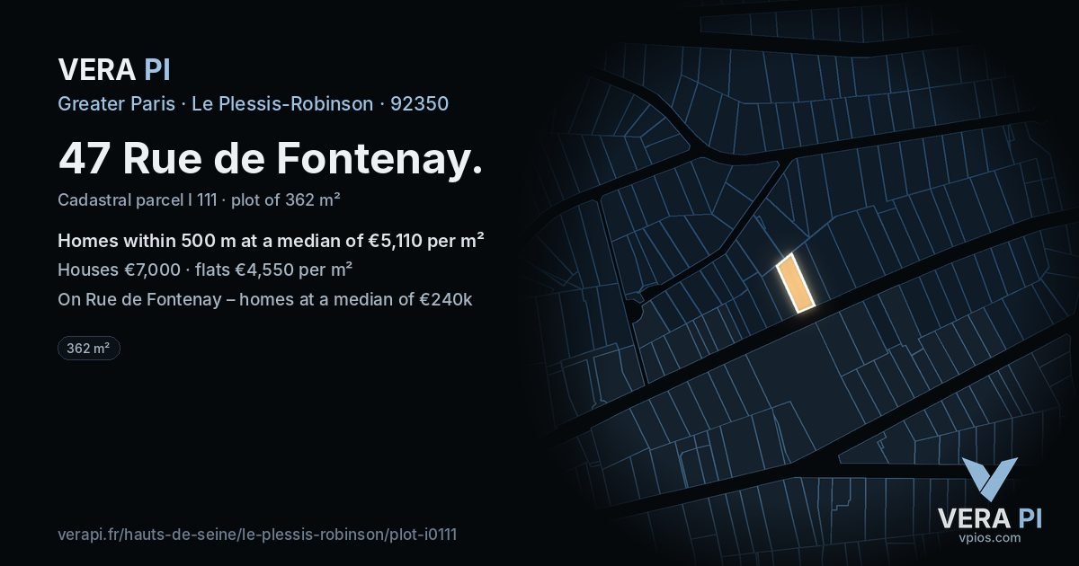 47 Rue de Fontenay, Le Plessis-Robinson at night – the plot lit, the parcels around coloured by the prices near them