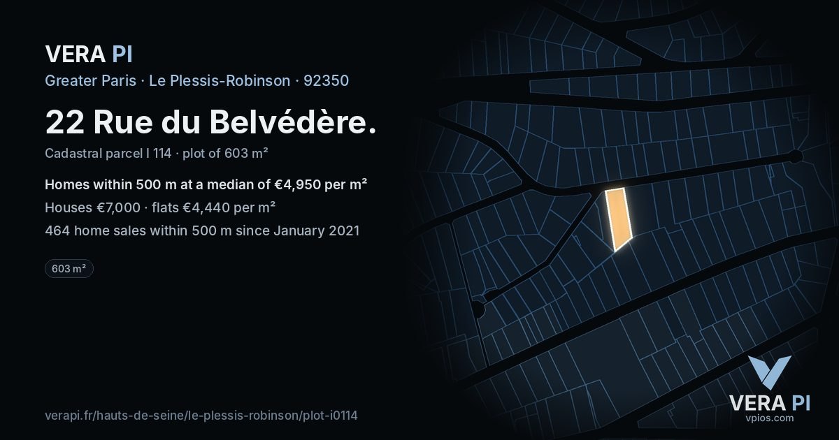 22 Rue du Belvédère, Le Plessis-Robinson at night – the plot lit, the parcels around coloured by the prices near them