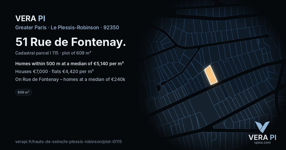 51 Rue de Fontenay, Le Plessis-Robinson at night – the plot lit, the parcels around coloured by the prices near them