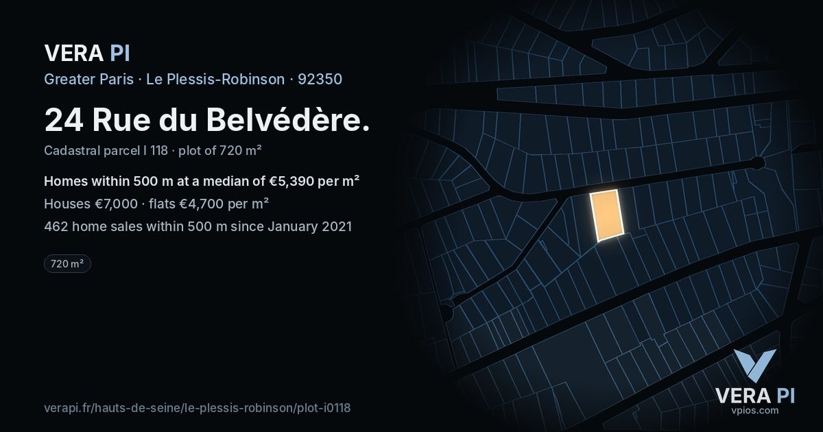 24 Rue du Belvédère, Le Plessis-Robinson at night – the plot lit, the parcels around coloured by the prices near them