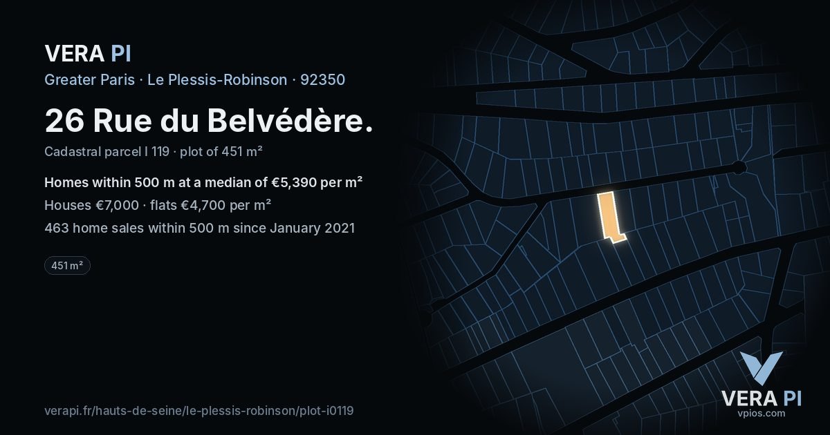 26 Rue du Belvédère, Le Plessis-Robinson at night – the plot lit, the parcels around coloured by the prices near them