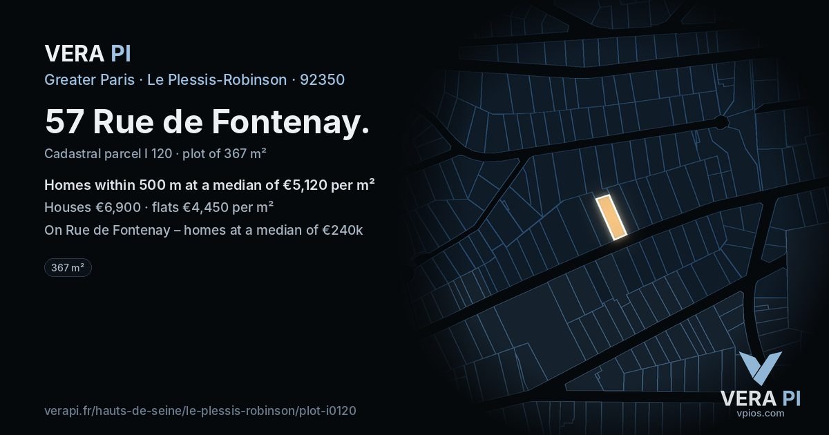 57 Rue de Fontenay, Le Plessis-Robinson at night – the plot lit, the parcels around coloured by the prices near them