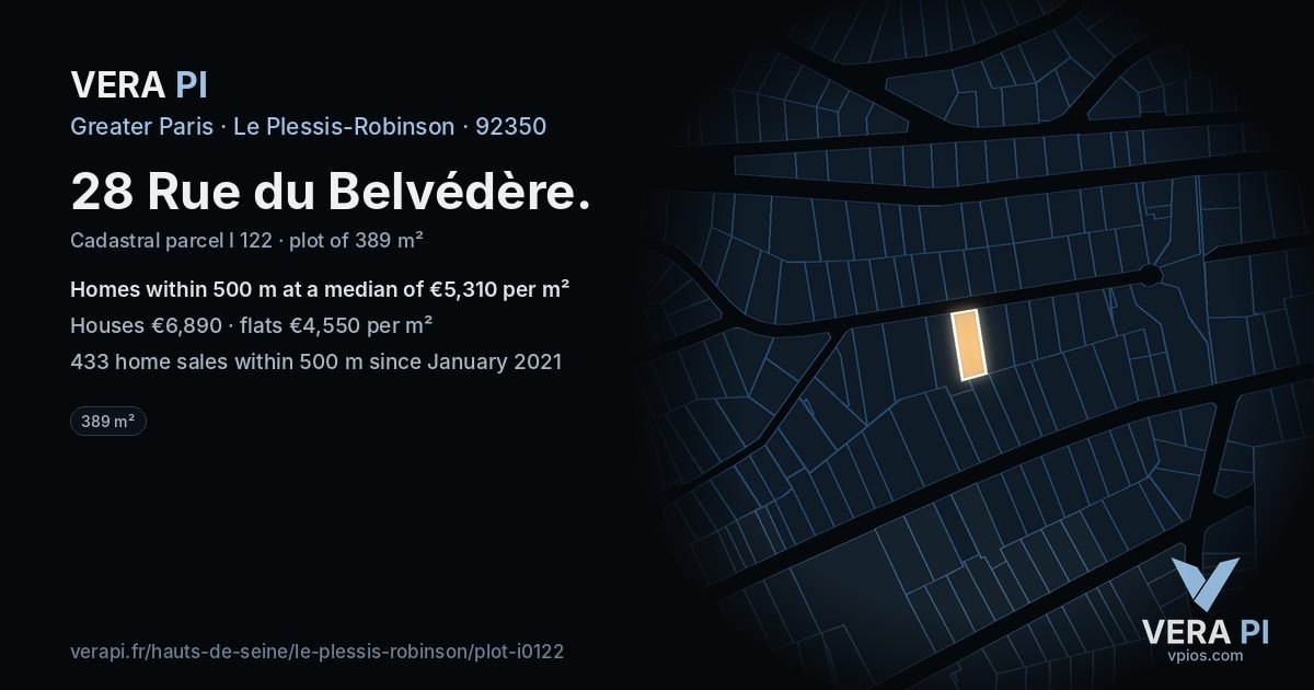 28 Rue du Belvédère, Le Plessis-Robinson at night – the plot lit, the parcels around coloured by the prices near them