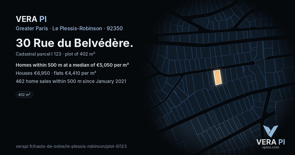 30 Rue du Belvédère, Le Plessis-Robinson at night – the plot lit, the parcels around coloured by the prices near them
