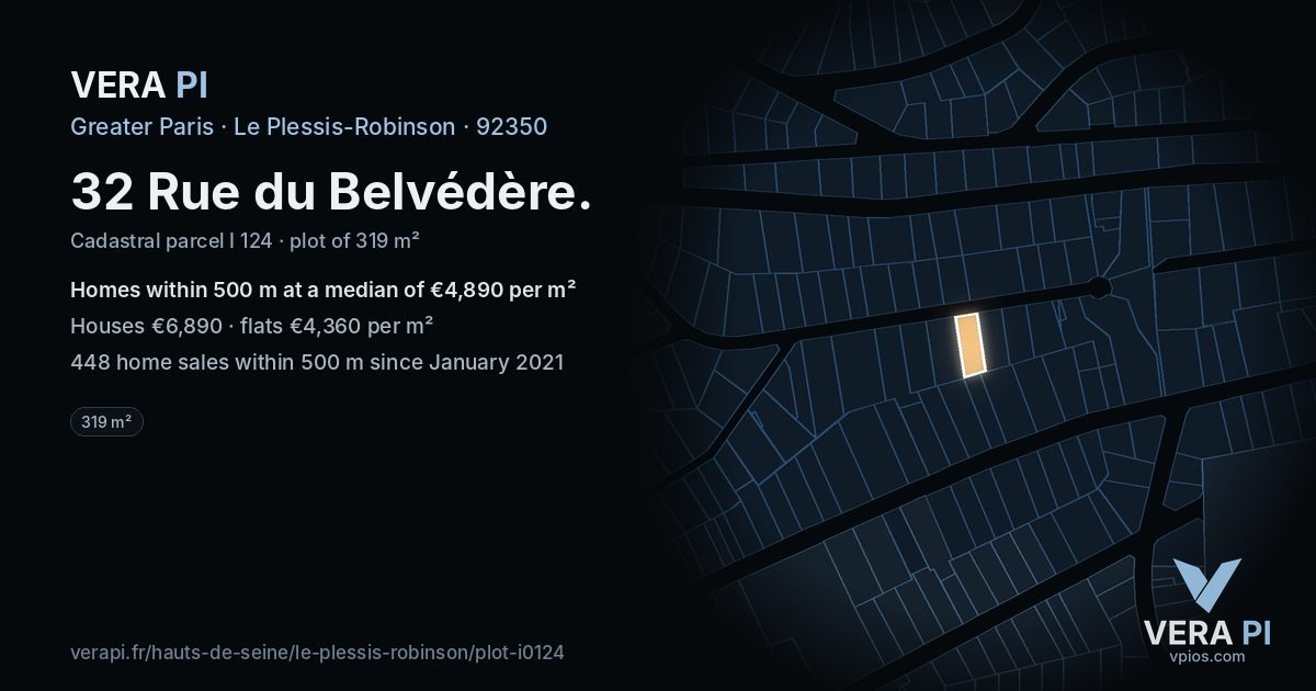 32 Rue du Belvédère, Le Plessis-Robinson at night – the plot lit, the parcels around coloured by the prices near them