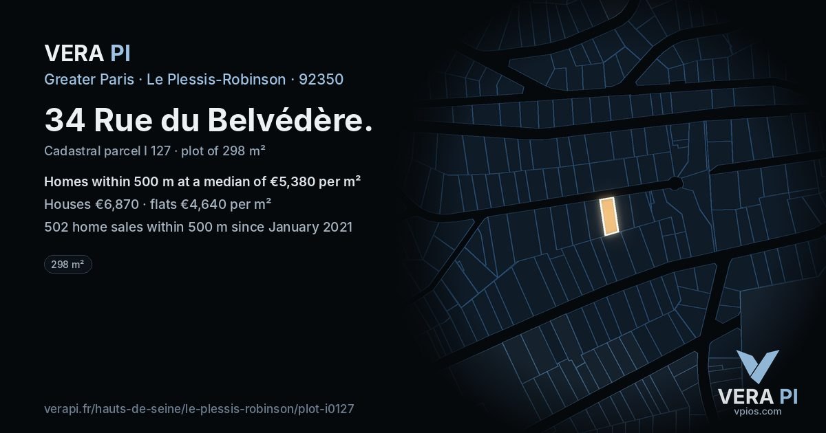 34 Rue du Belvédère, Le Plessis-Robinson at night – the plot lit, the parcels around coloured by the prices near them