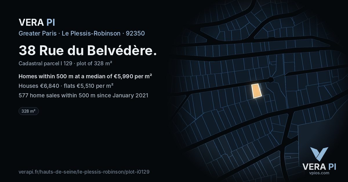 38 Rue du Belvédère, Le Plessis-Robinson at night – the plot lit, the parcels around coloured by the prices near them