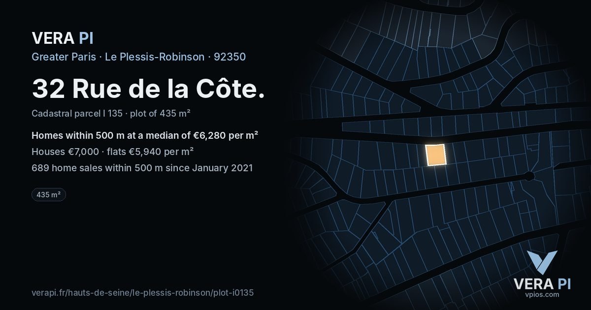 32 Rue de la Côte, Le Plessis-Robinson at night – the plot lit, the parcels around coloured by the prices near them