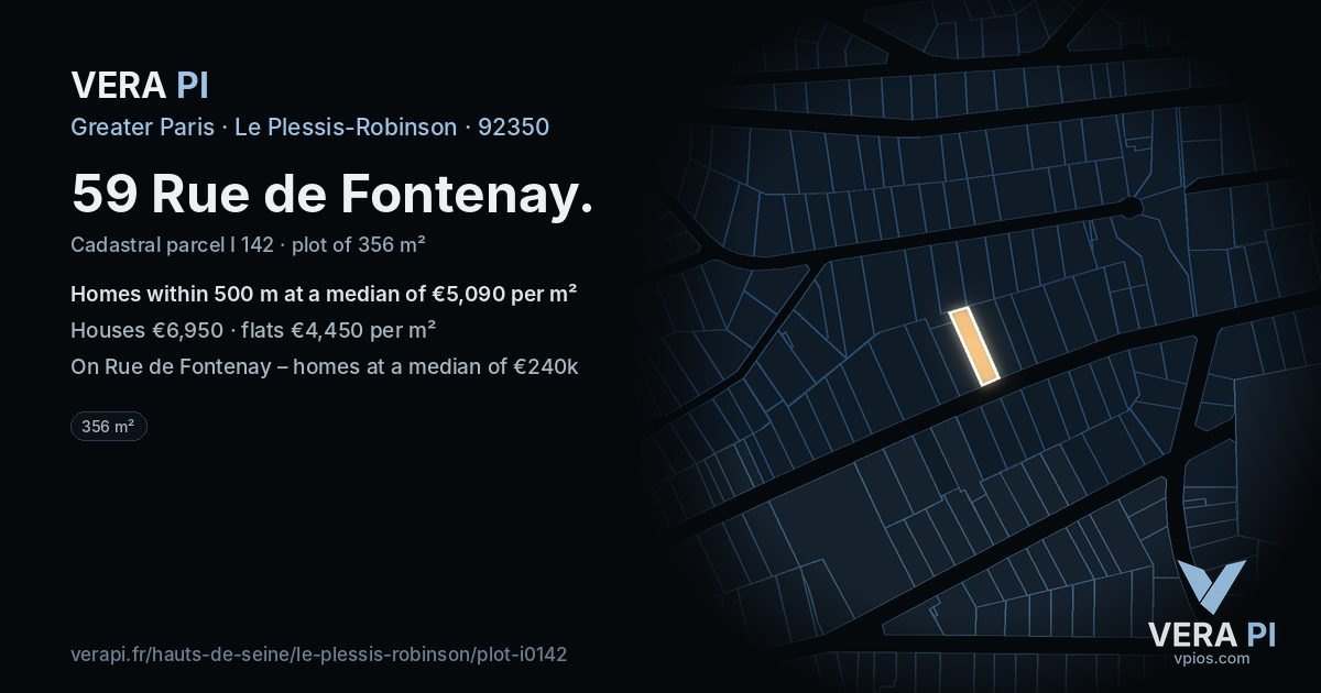 59 Rue de Fontenay, Le Plessis-Robinson at night – the plot lit, the parcels around coloured by the prices near them