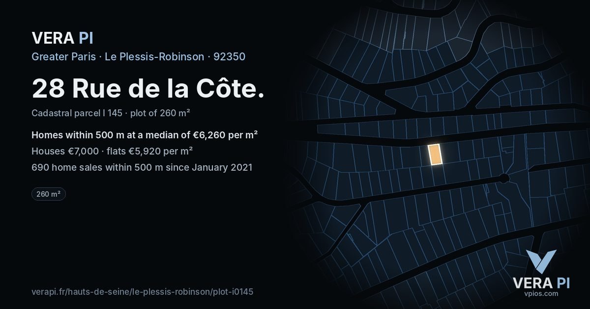 28 Rue de la Côte, Le Plessis-Robinson at night – the plot lit, the parcels around coloured by the prices near them
