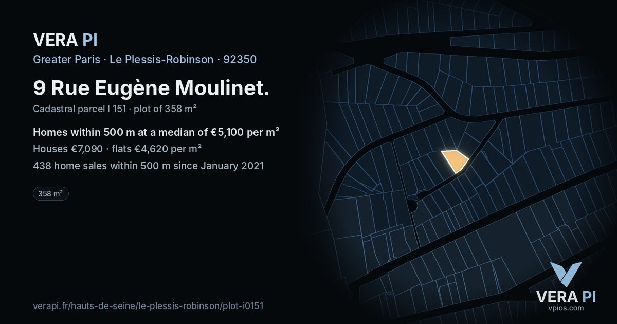 9 Rue Eugène Moulinet, Le Plessis-Robinson at night – the plot lit, the parcels around coloured by the prices near them