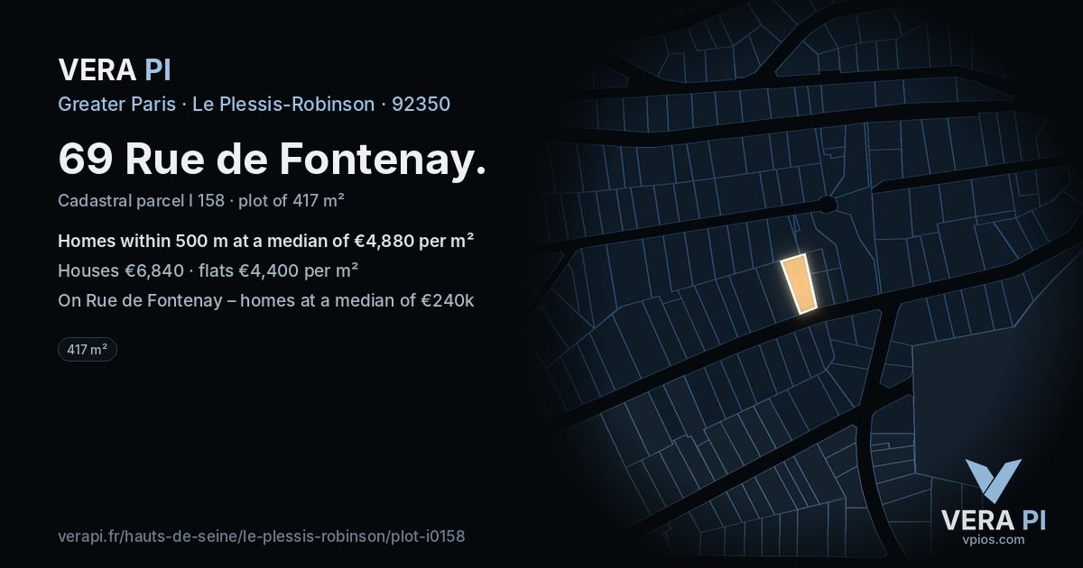 69 Rue de Fontenay, Le Plessis-Robinson at night – the plot lit, the parcels around coloured by the prices near them