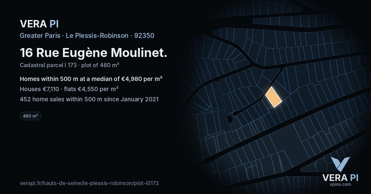 16 Rue Eugène Moulinet, Le Plessis-Robinson at night – the plot lit, the parcels around coloured by the prices near them