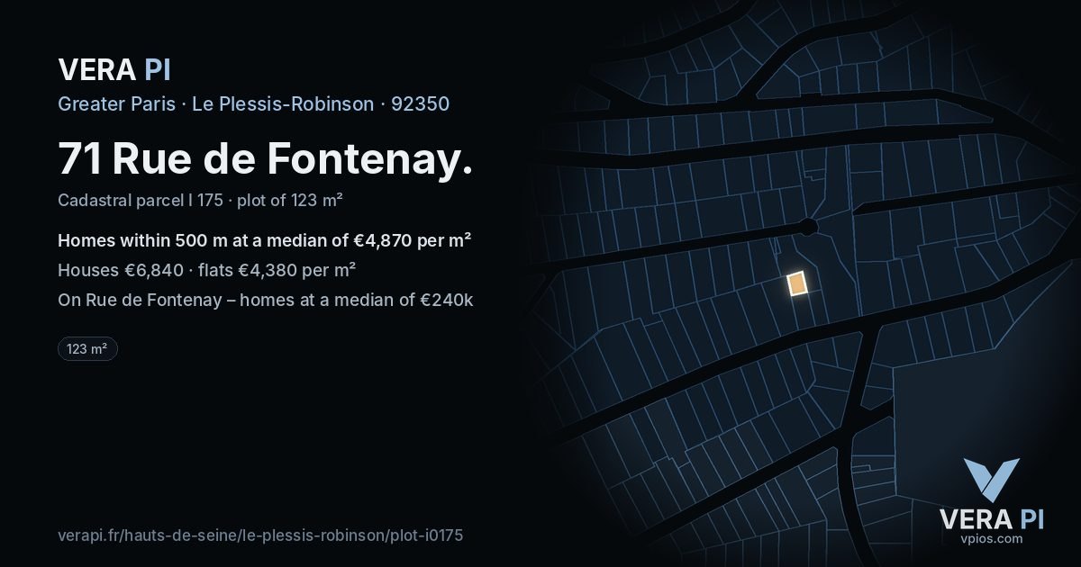 71 Rue de Fontenay, Le Plessis-Robinson at night – the plot lit, the parcels around coloured by the prices near them