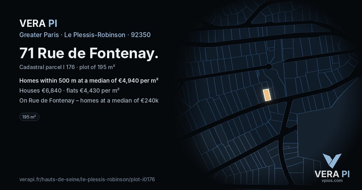71 Rue de Fontenay, Le Plessis-Robinson at night – the plot lit, the parcels around coloured by the prices near them