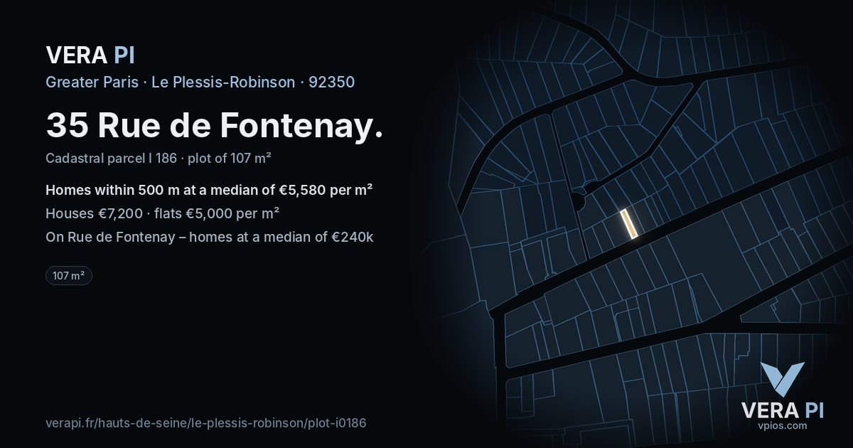 35 Rue de Fontenay, Le Plessis-Robinson at night – the plot lit, the parcels around coloured by the prices near them