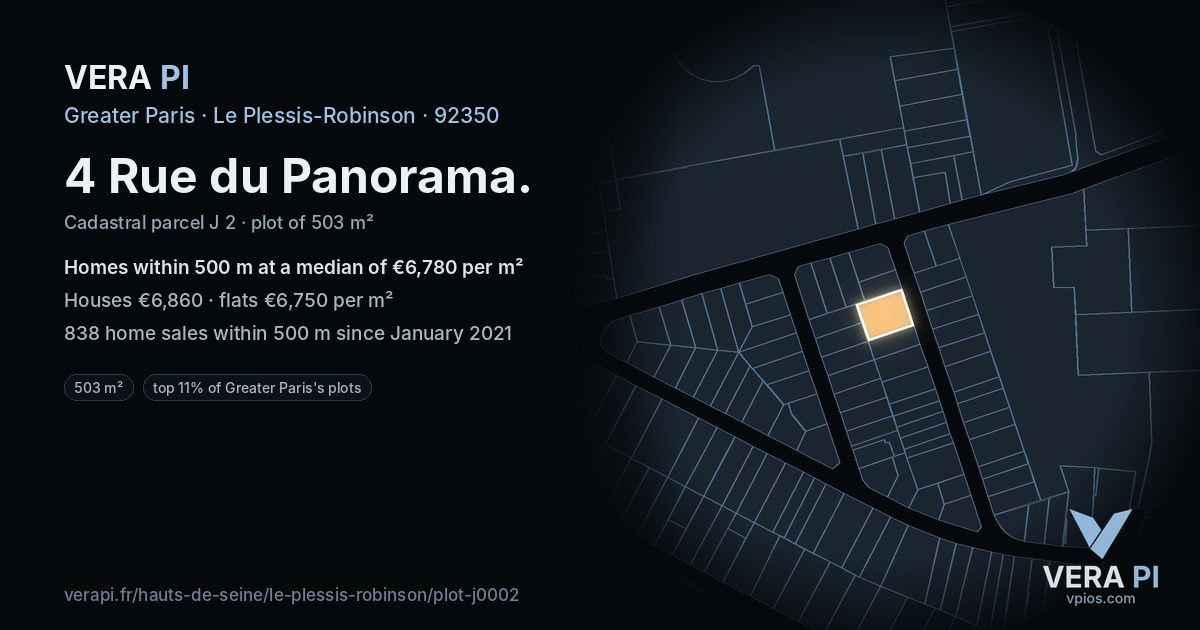 4 Rue du Panorama, Le Plessis-Robinson at night – the plot lit, the parcels around coloured by the prices near them