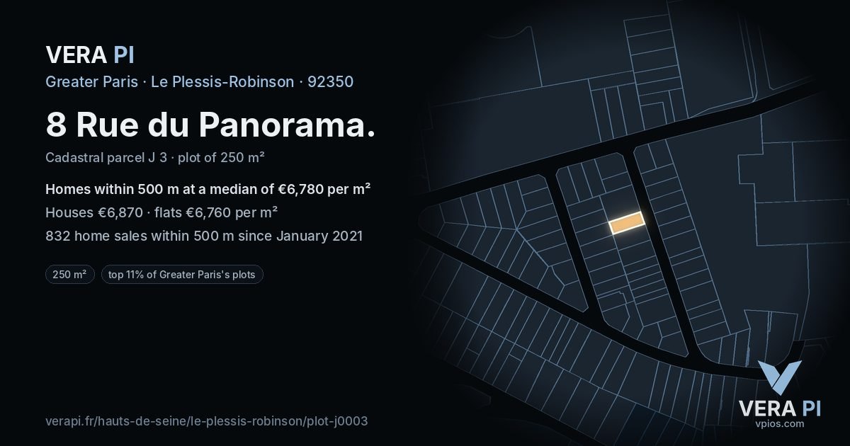 8 Rue du Panorama, Le Plessis-Robinson at night – the plot lit, the parcels around coloured by the prices near them