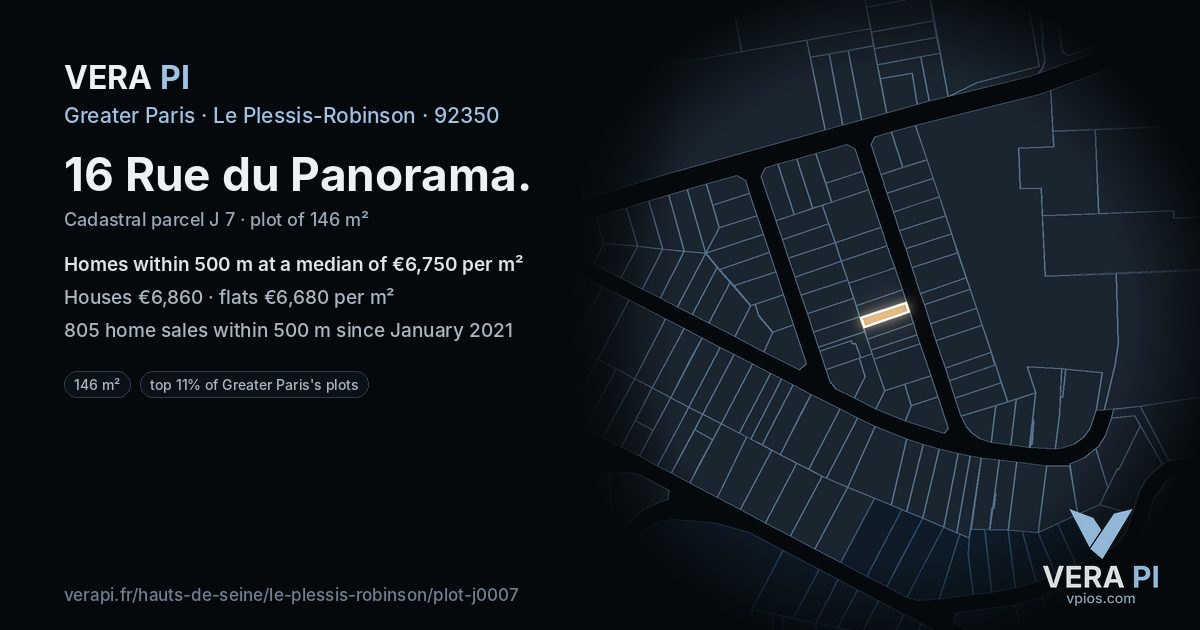 16 Rue du Panorama, Le Plessis-Robinson at night – the plot lit, the parcels around coloured by the prices near them