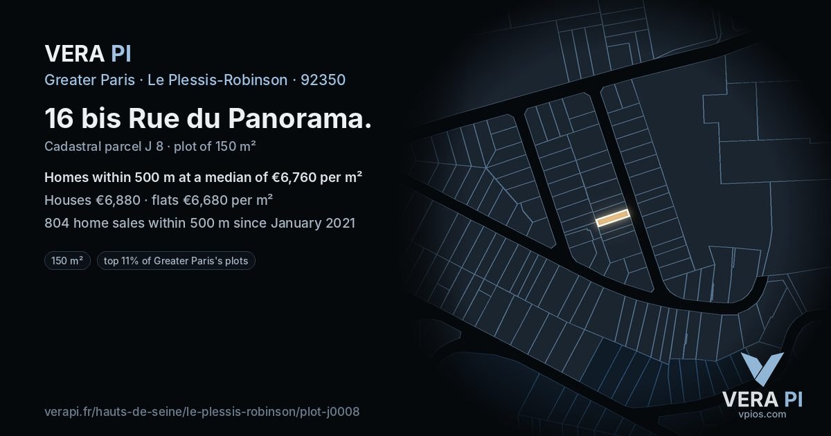 16 bis Rue du Panorama, Le Plessis-Robinson at night – the plot lit, the parcels around coloured by the prices near them