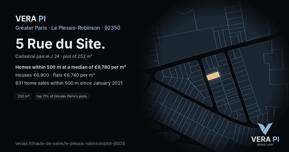 5 Rue du Site, Le Plessis-Robinson at night – the plot lit, the parcels around coloured by the prices near them