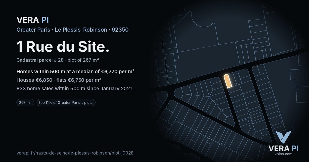 1 Rue du Site, Le Plessis-Robinson at night – the plot lit, the parcels around coloured by the prices near them