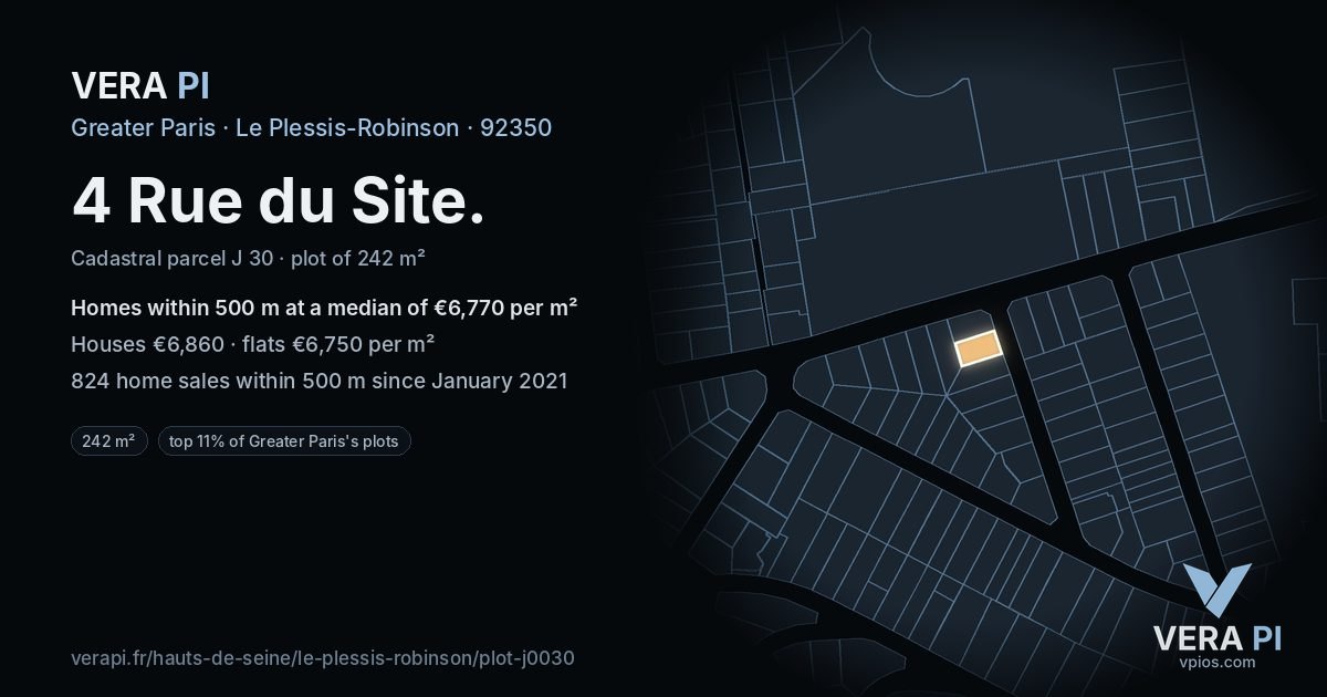 4 Rue du Site, Le Plessis-Robinson at night – the plot lit, the parcels around coloured by the prices near them