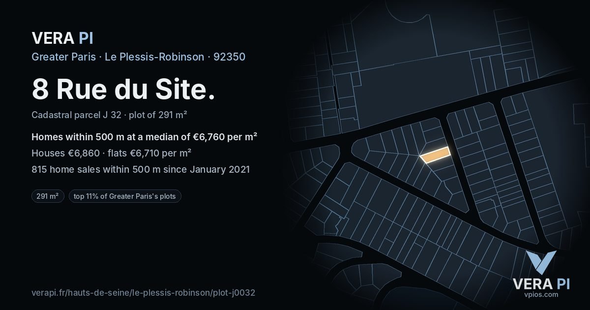 8 Rue du Site, Le Plessis-Robinson at night – the plot lit, the parcels around coloured by the prices near them