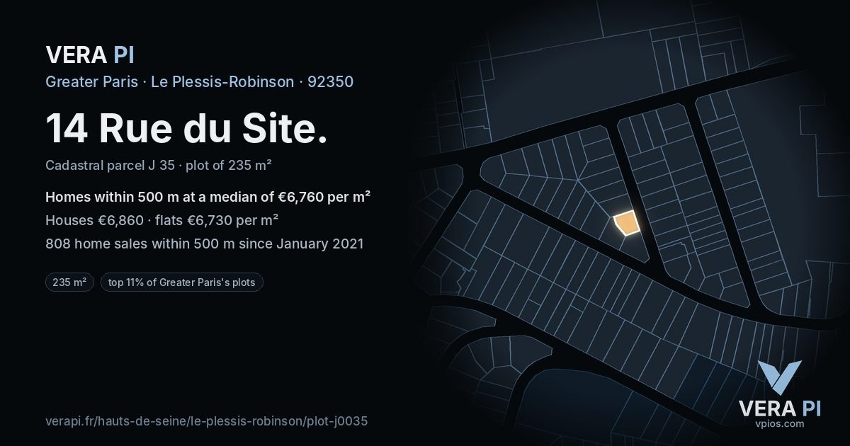 14 Rue du Site, Le Plessis-Robinson at night – the plot lit, the parcels around coloured by the prices near them