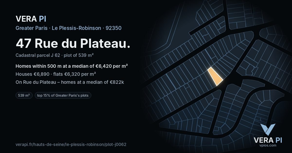 47 Rue du Plateau, Le Plessis-Robinson at night – the plot lit, the parcels around coloured by the prices near them