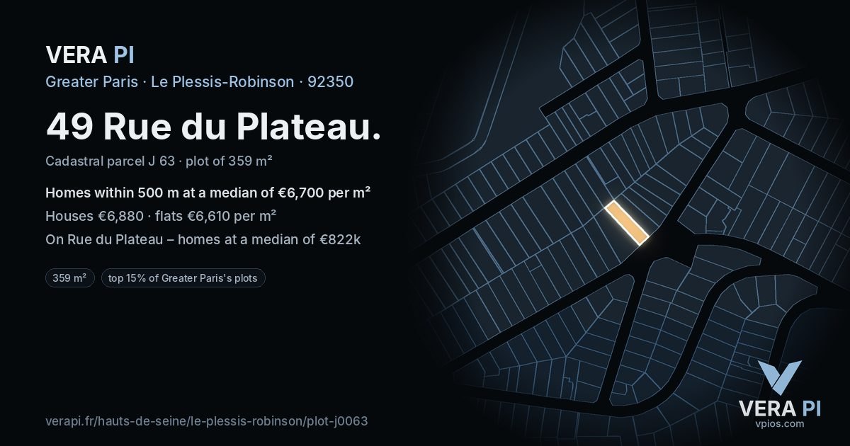 49 Rue du Plateau, Le Plessis-Robinson at night – the plot lit, the parcels around coloured by the prices near them