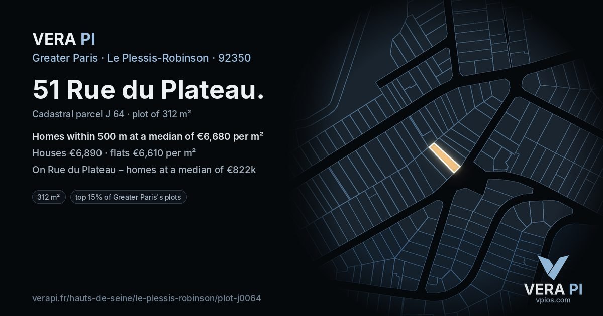 51 Rue du Plateau, Le Plessis-Robinson at night – the plot lit, the parcels around coloured by the prices near them