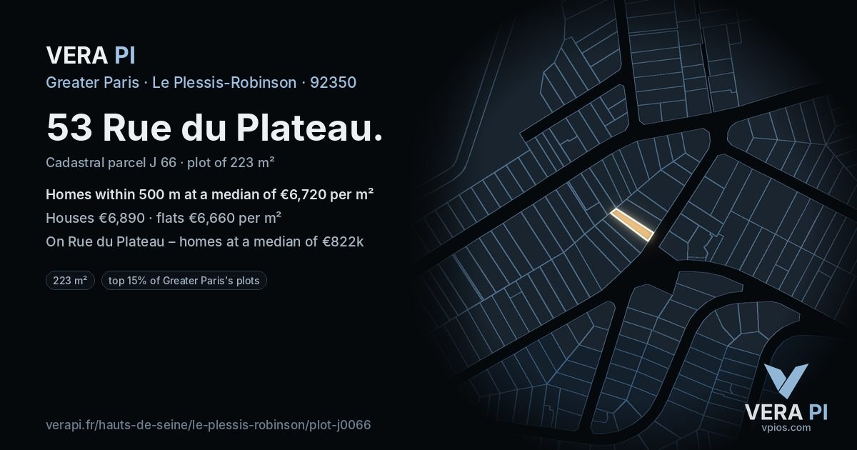53 Rue du Plateau, Le Plessis-Robinson at night – the plot lit, the parcels around coloured by the prices near them