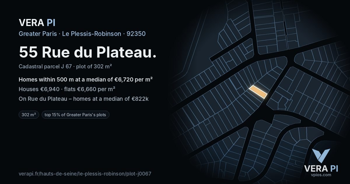 55 Rue du Plateau, Le Plessis-Robinson at night – the plot lit, the parcels around coloured by the prices near them