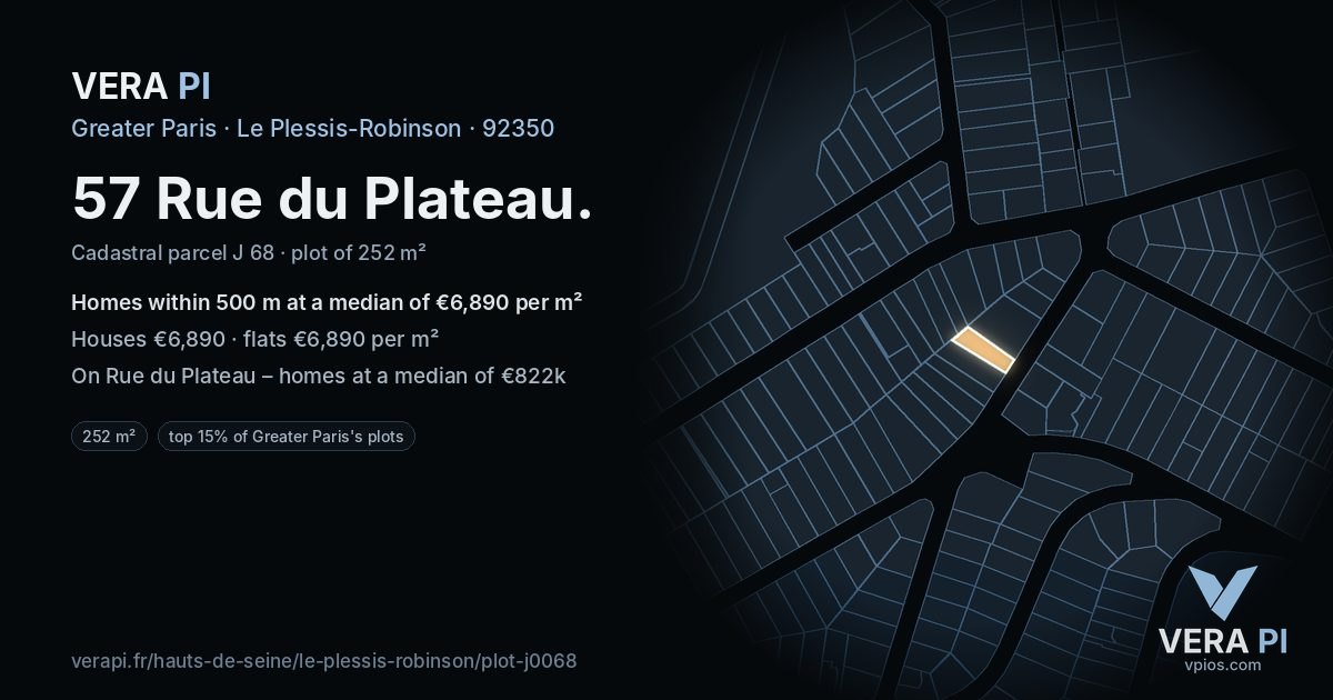 57 Rue du Plateau, Le Plessis-Robinson at night – the plot lit, the parcels around coloured by the prices near them