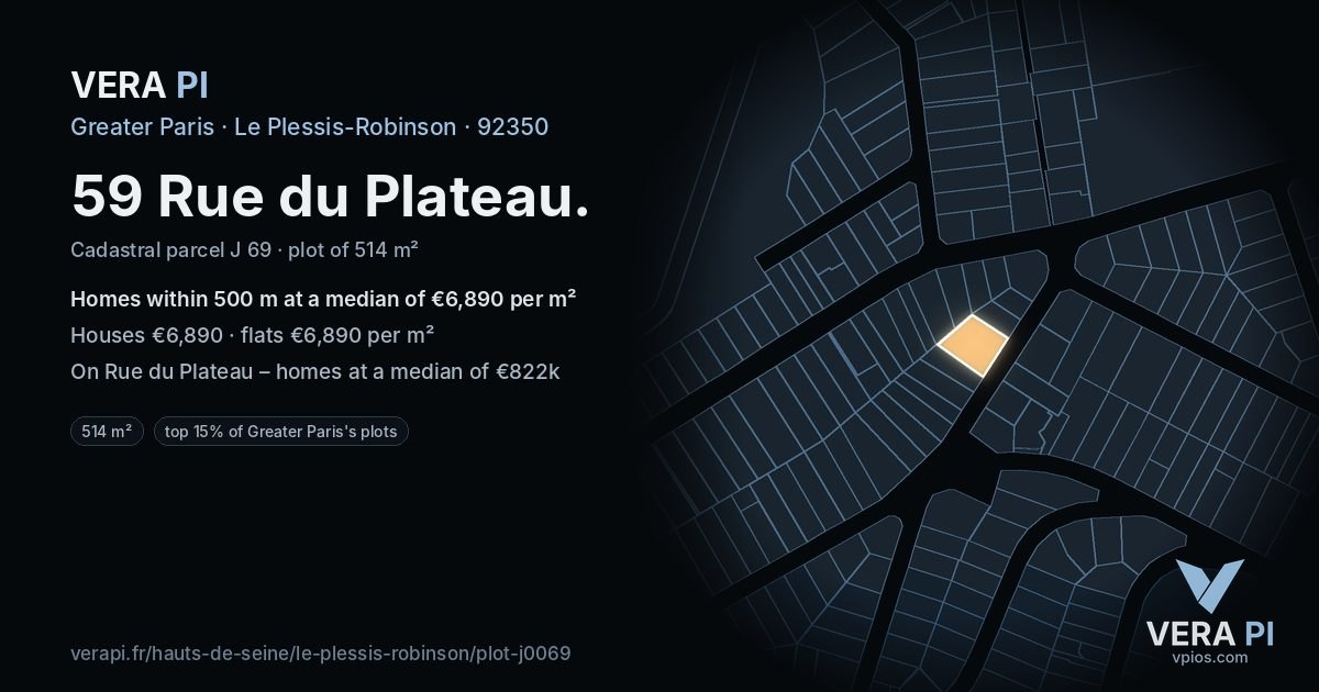59 Rue du Plateau, Le Plessis-Robinson at night – the plot lit, the parcels around coloured by the prices near them