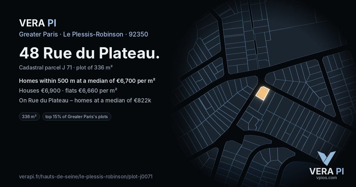 48 Rue du Plateau, Le Plessis-Robinson at night – the plot lit, the parcels around coloured by the prices near them